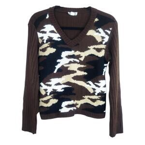 Y2K Vintage Camo Knit Vneck Pullover Sweater Large Brown Long Sleeve Indie Sleaz